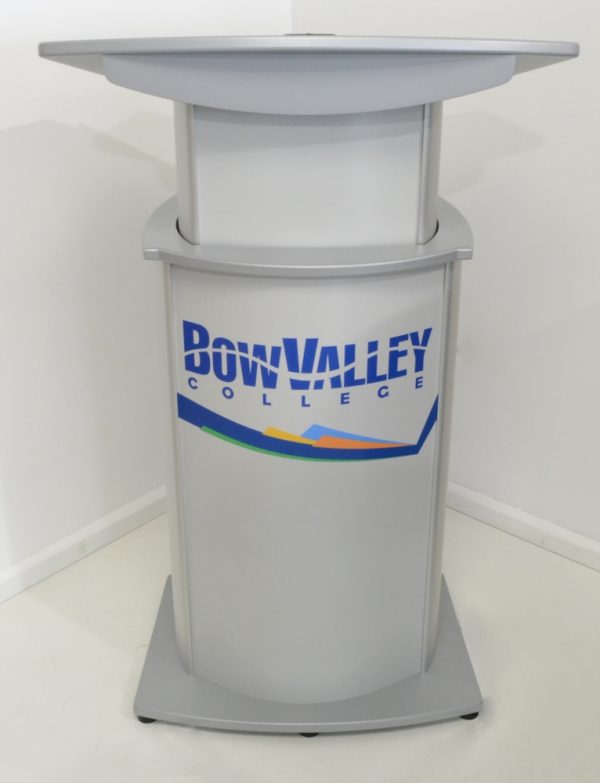 Aluminum Motorized Adjustable Lectern front with logo