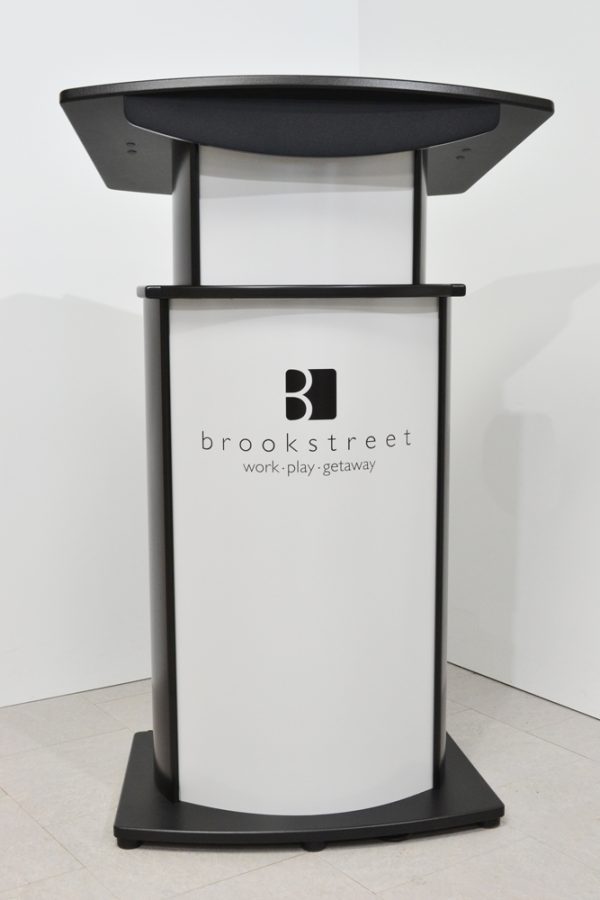 Aluminum Motorized Adjustable Lectern front with logo