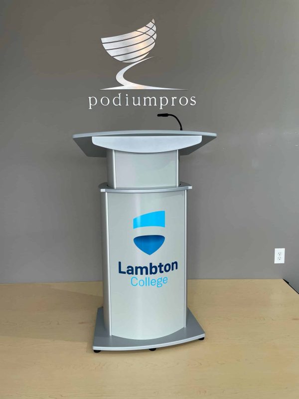 Aluminum Motorized Adjustable Lectern with branding