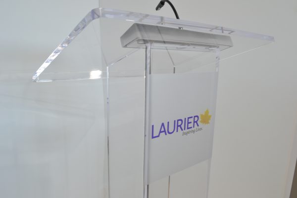 Acrylic lectern with vinyl logo signage