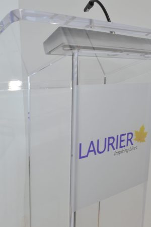 Acrylic lectern with vinyl logo signage