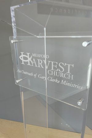 Podium Pros Harvest Church engraved acrylic sign 4