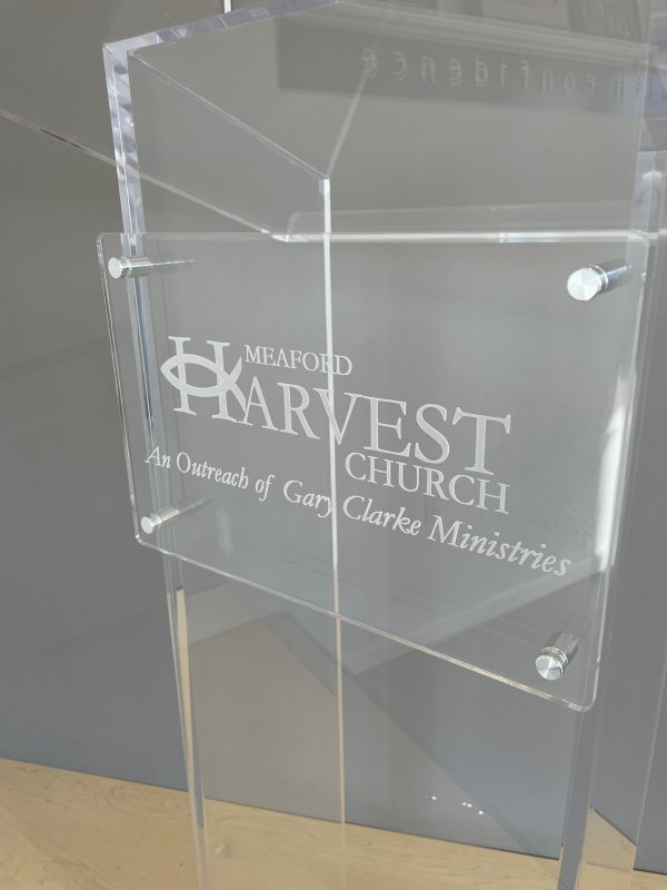 Podium Pros Harvest Church engraved acrylic sign 4