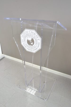 Podium Pros acrylic lectern with 3d acrylic vinyl sign