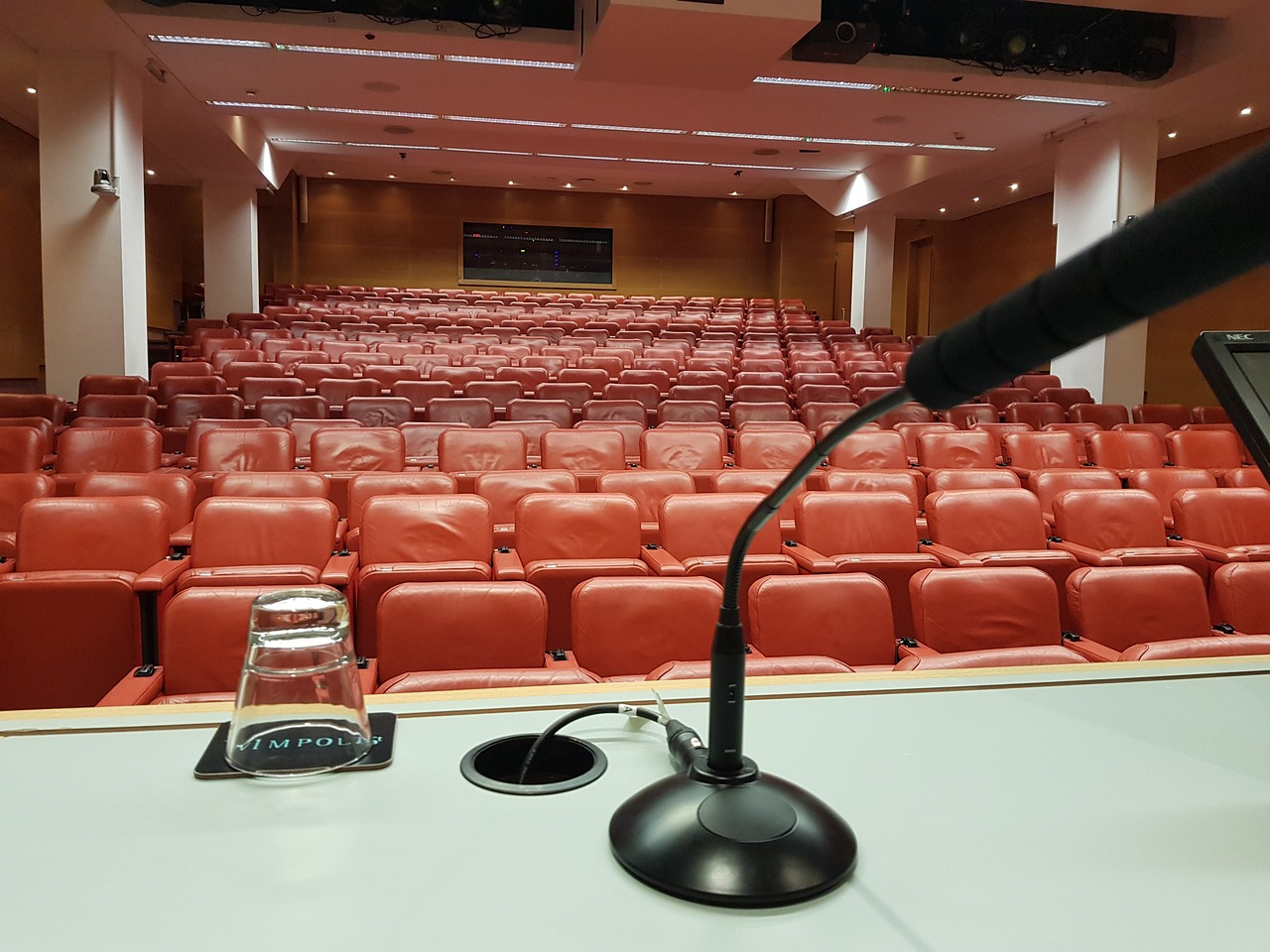 close-up of a microphone on a lectern.