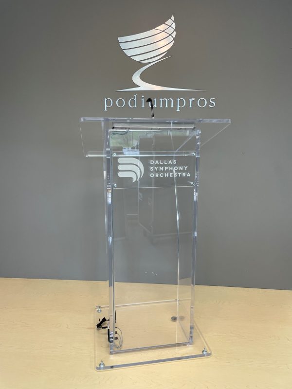 Podium Pros Acrylic Column FS lectern on stage with engraved logo Dallas Symphony Orchestra