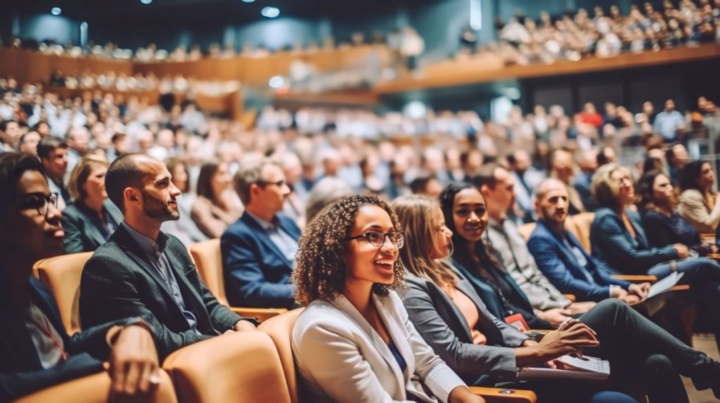 a group of people sitting at an event eager to listen to the speech