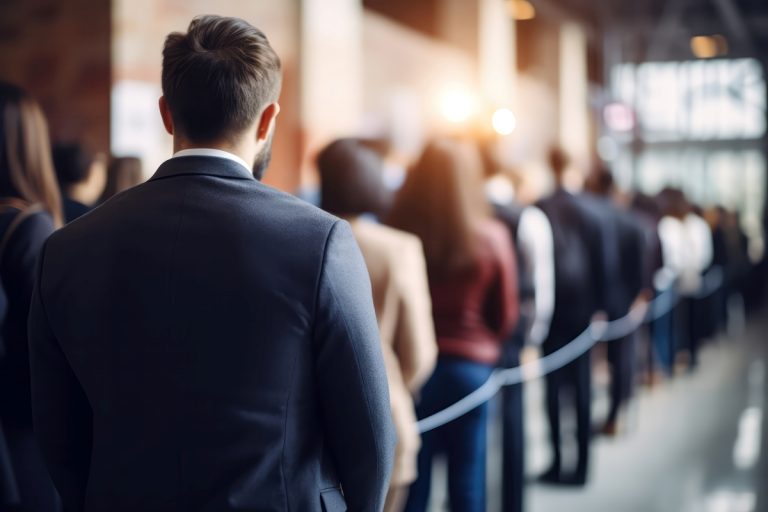 People in a line, entering a corporate event.