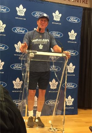 An acrylic lectern with microphone attachments at Toronto Maple Leafs media conference