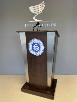 wood empire lectern with branding
