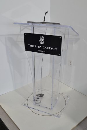 An acrylic lectern by Podium Pros used at the Ritz-Carlton Toronto.