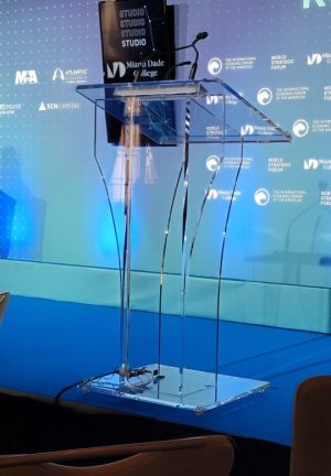 an acrylic lectern by Podium Pros with AV connections used at an event