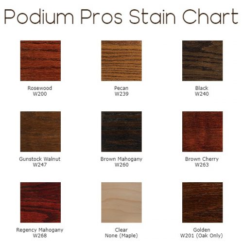 Podium Pros stain chart, rosewood, pecan, black, gunstock walnut, brown mahogany, brown cherry, regency mahogany, clear (maple), golden (oak only)