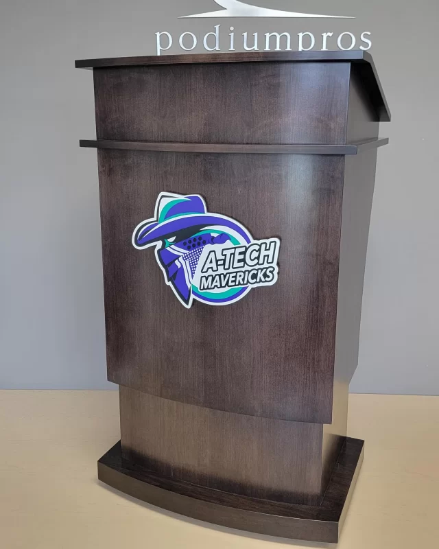 Maple Executive Adjustable Lectern with Brown Mahogany Stain for our friends at Advanced Technologies Academy in Nevada 
•
Featuring custom 3D signage