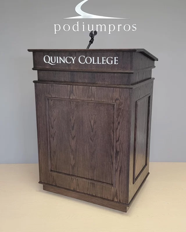 Collegiate Oak Podiums from this month: 
•
Quincy College: Brown Mahogany Stain with 3D Acrylic Letters 
•
Glenlyon Norfolk School: Pecan Stain with 3D signage