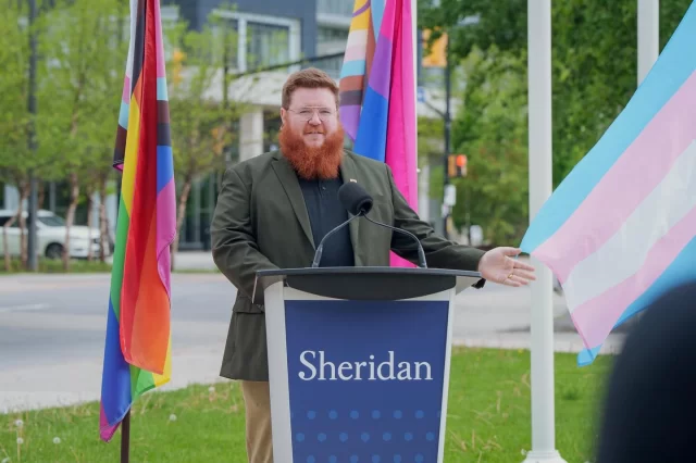VH1 Podium in use at the Sheridan Student Union Pride Flag raising ceremony 🏳️‍🌈
.
.
#sheridancollege #lectern  #pridemonth2025 #ontariomade